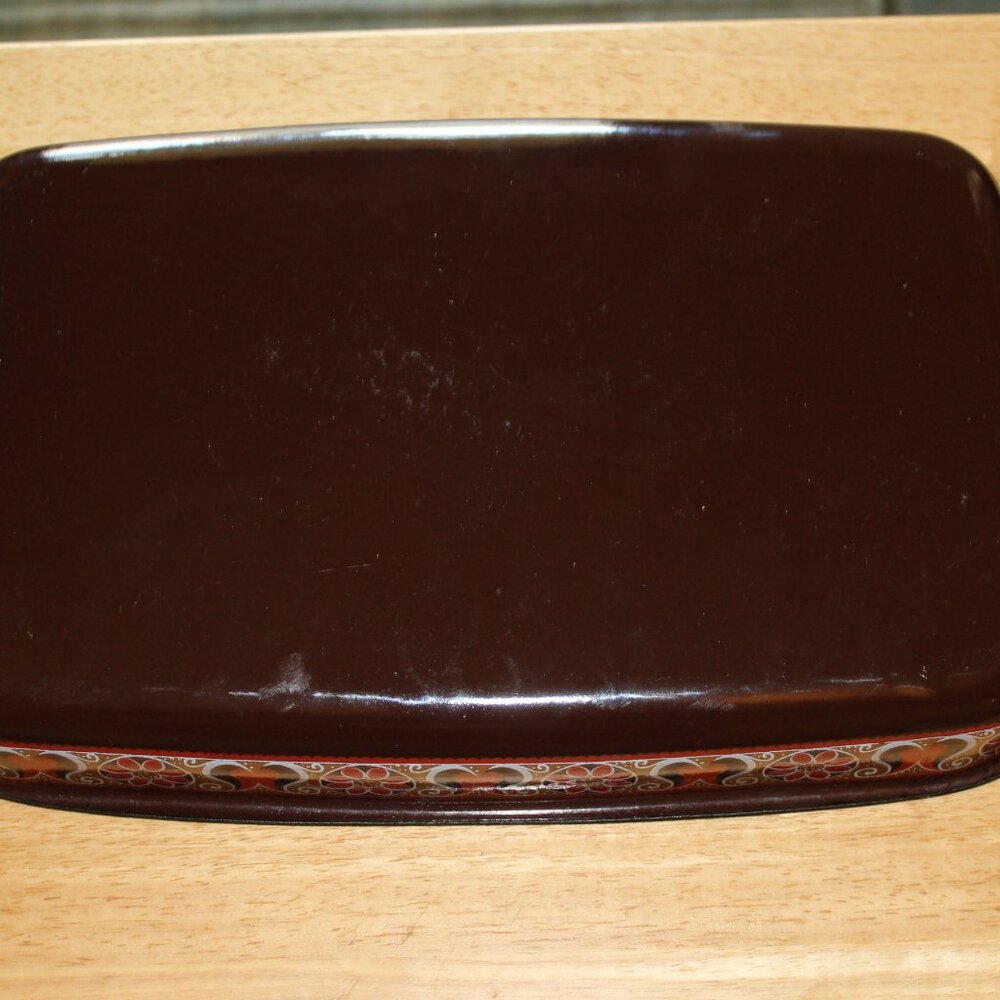 Vintage Brown Enamelware Baking Pan with White and Red Flower Pattern